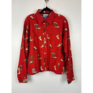 Wrangler Blues Red‎ Cowboy Boots Print Button Down Shirt Large Western Rodeo Top